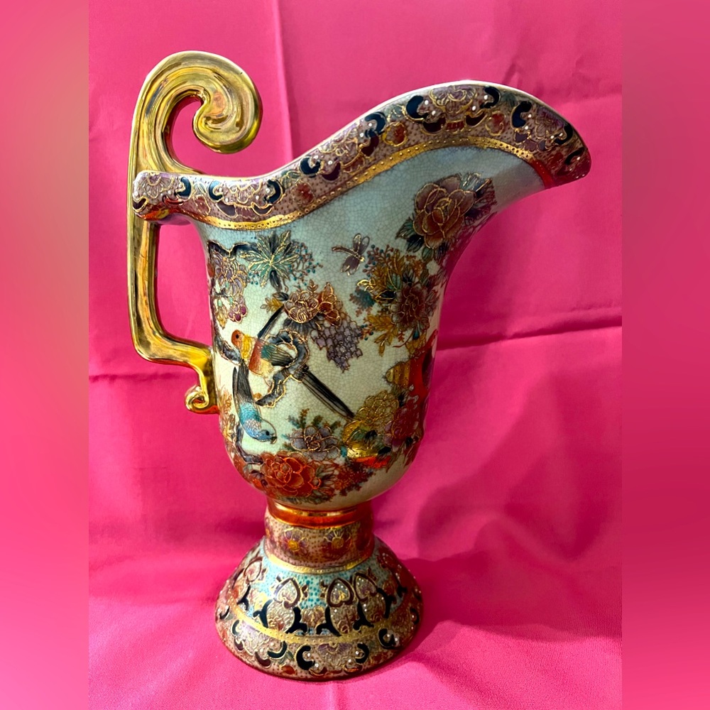 Vintage Chinese Gold Happiness Birds Hand Painted Pitcher Vase - Picture 1 of 5